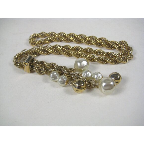 Vintage Goldtone Rope Slide Chain Necklace Faux Pearl Charms Pendant 24 Inch - Picture 6 of 11